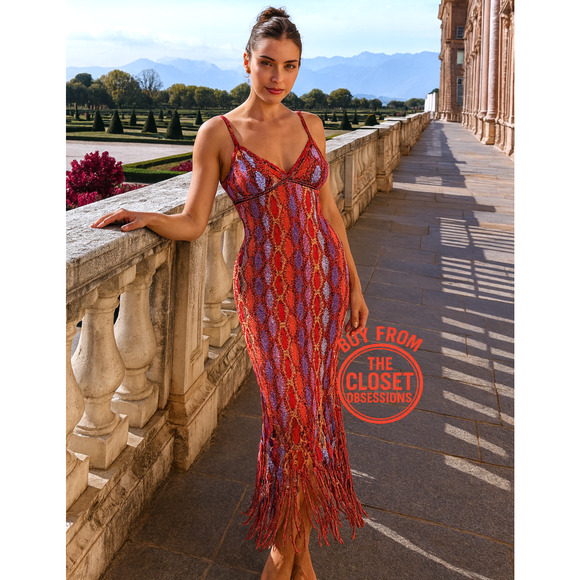 ZARA V-Neck Fringe Hem Multicolor Midi Dress NWT | Size M/L - Picture 2 of 16